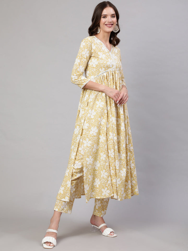 Cotton Calf Length Printed &amp; Embroidery  Semi-Flared 3/4 Sleeves V Neck Kurta Bottom Dupatta Set