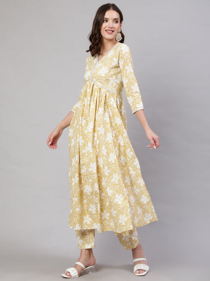Cotton Calf Length Printed & Embroidery  Semi-Flared 3/4 Sleeves V Neck Kurta Bottom Dupatta Set