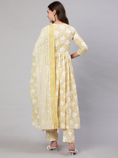 Cotton Calf Length Printed & Embroidery  Semi-Flared 3/4 Sleeves V Neck Kurta Bottom Dupatta Set