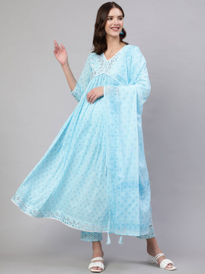Rayon Calf Length Printed & Embroidery  Semi-Flared 3/4 Sleeves V Neck Kurta Bottom Dupatta Set