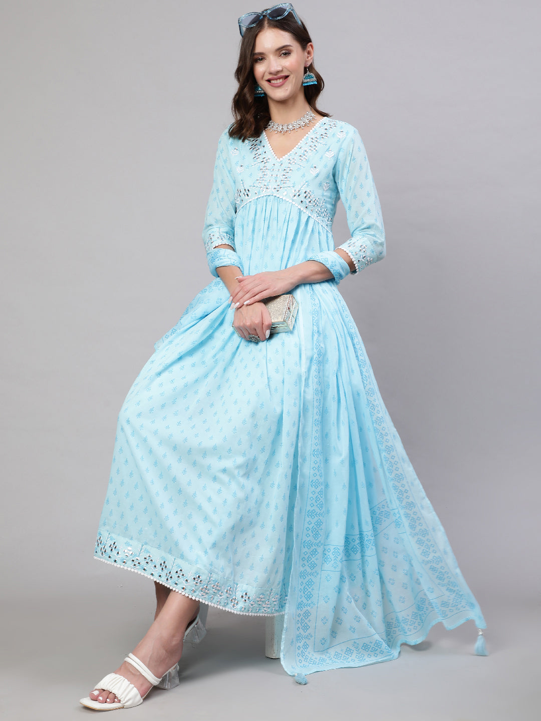 Rayon Calf Length Printed & Embroidery  Semi-Flared 3/4 Sleeves V Neck Kurta Bottom Dupatta Set