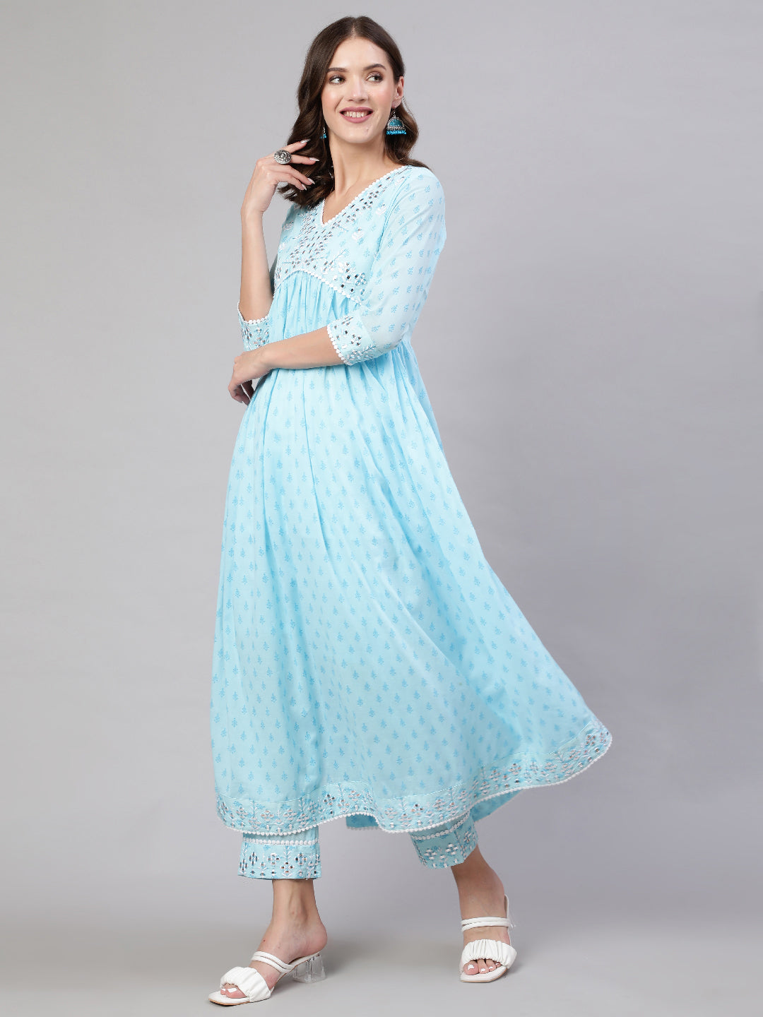 Rayon Calf Length Printed &amp; Embroidery  Semi-Flared 3/4 Sleeves V Neck Kurta Bottom Dupatta Set