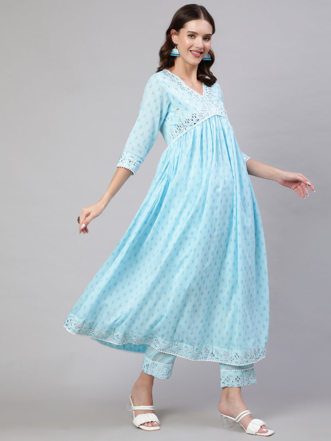 Rayon Calf Length Printed & Embroidery  Semi-Flared 3/4 Sleeves V Neck Kurta Bottom Dupatta Set