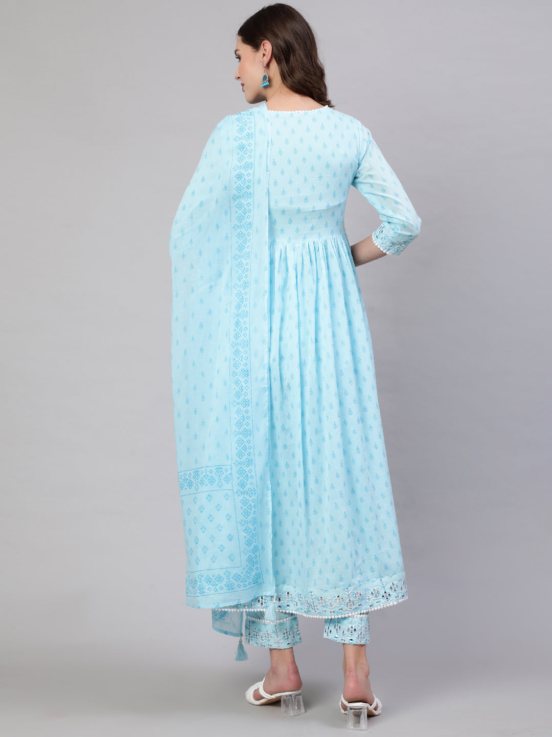 Rayon Calf Length Printed & Embroidery  Semi-Flared 3/4 Sleeves V Neck Kurta Bottom Dupatta Set
