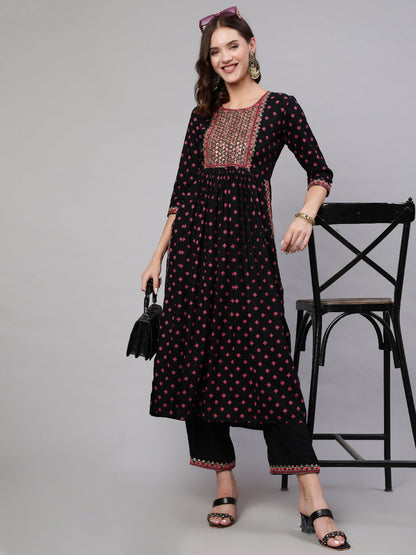Rayon Sequence 3/4 Sleeve Flared Round Neck Calf Length Kurta Bottom Set