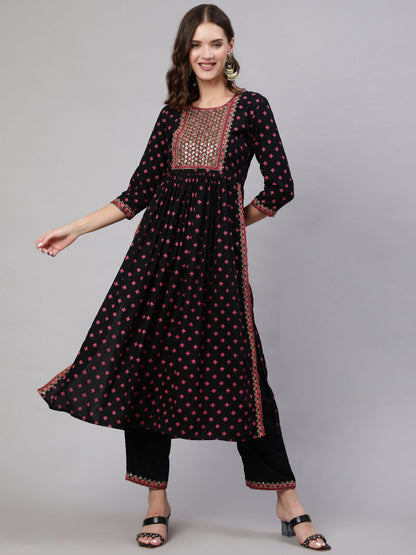 Rayon Sequence 3/4 Sleeve Flared Round Neck Calf Length Kurta Bottom Set