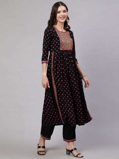 Rayon Sequence 3/4 Sleeve Flared Round Neck Calf Length Kurta Bottom Set