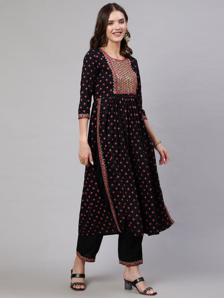 Rayon Sequence 3/4 Sleeve Flared Round Neck Calf Length Kurta Bottom Set