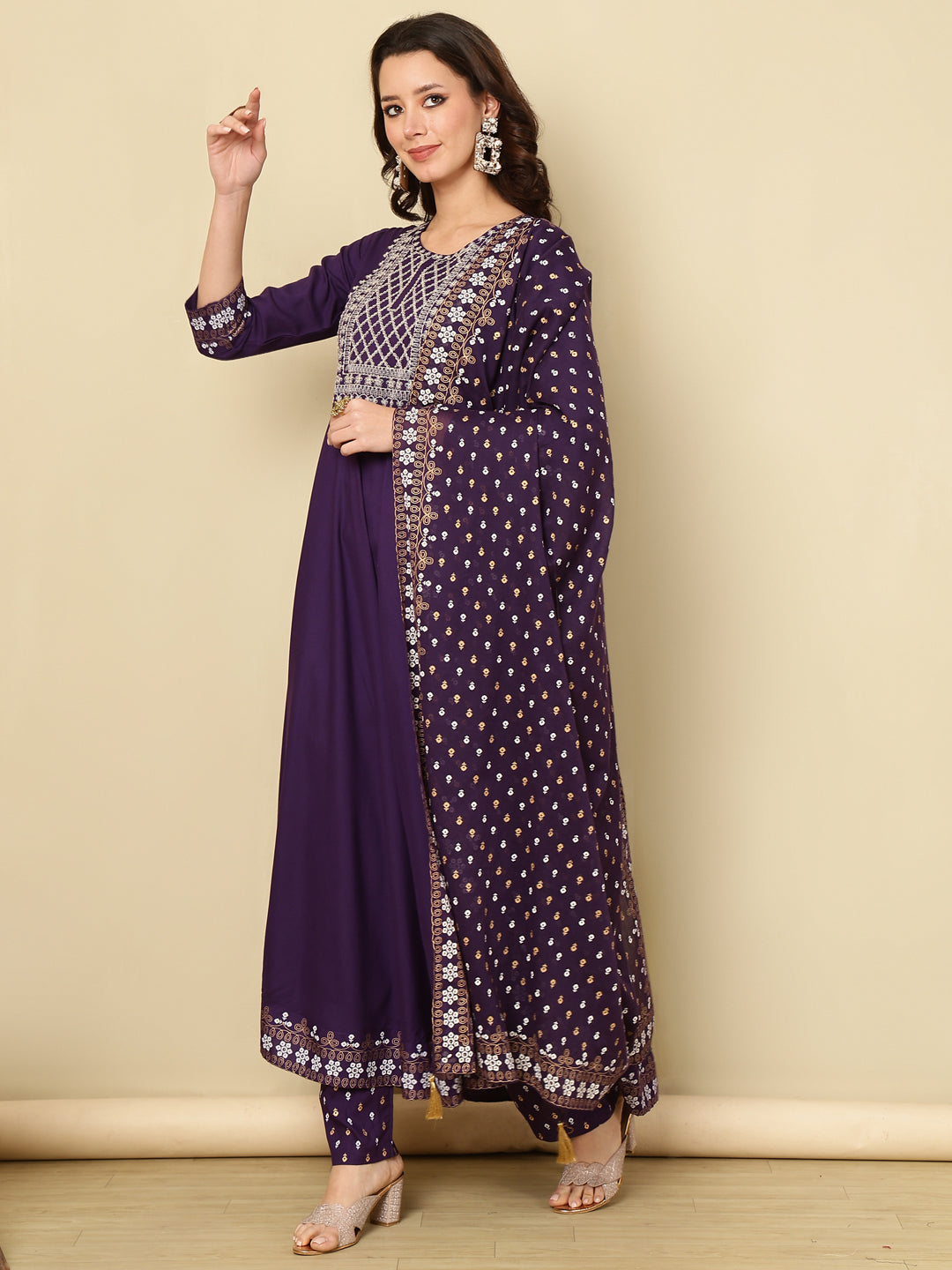 Embroidered Sequined Kurta with Palazzos &amp; Dupatta