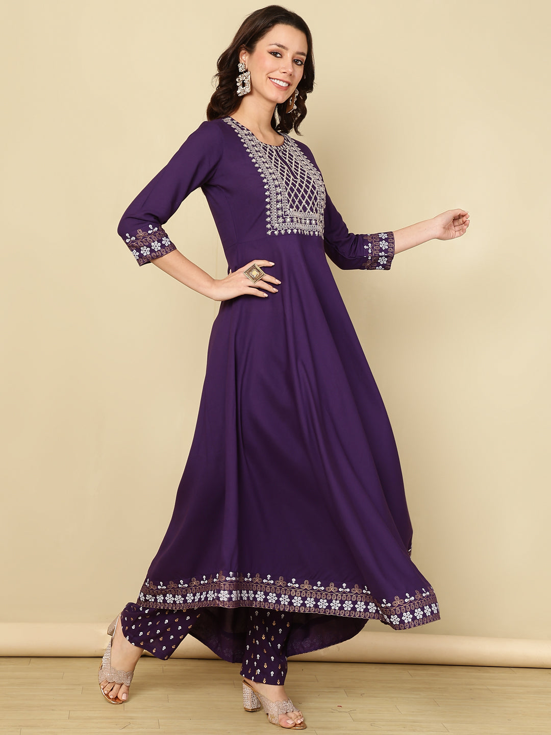 Embroidered Sequined Kurta with Palazzos &amp; Dupatta