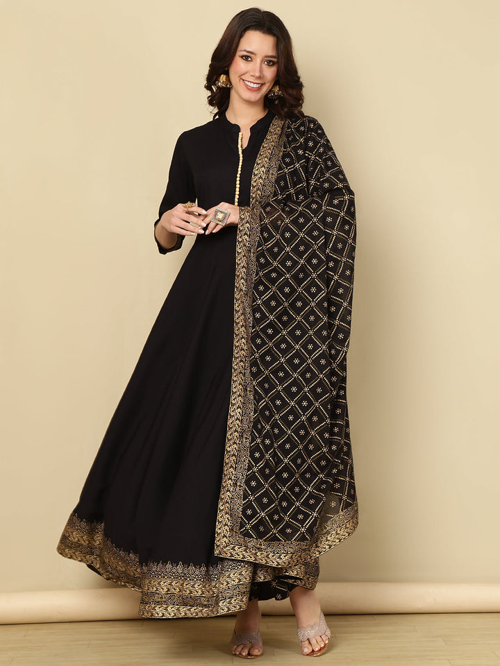 Rayon Printed Kurta With Palazzo &amp; Dupatta Set