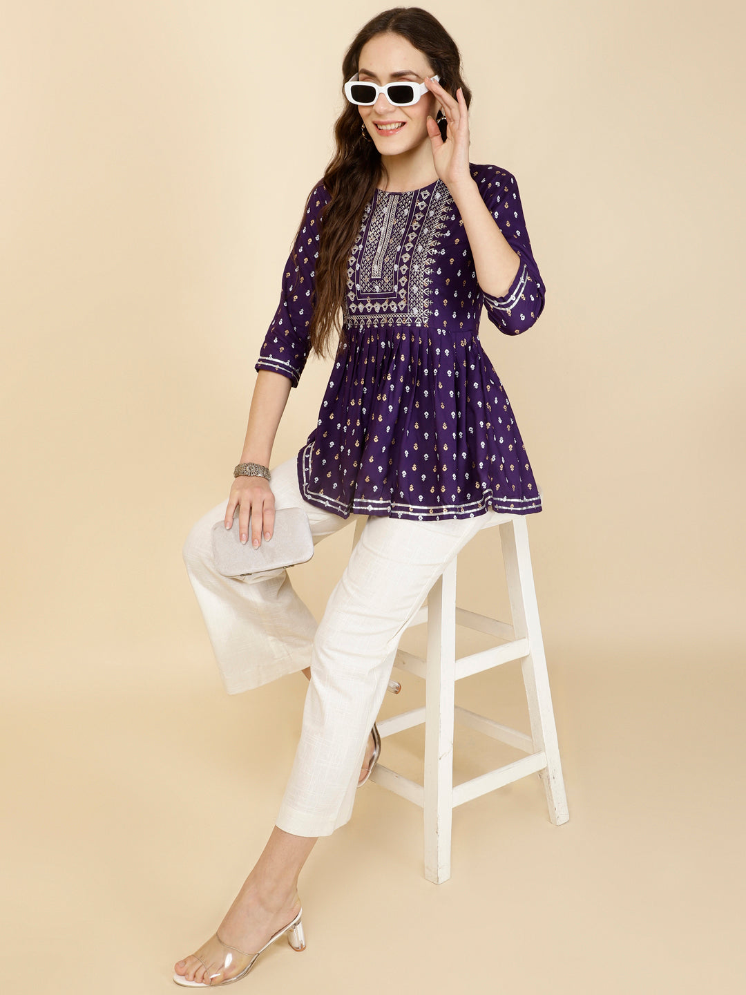 Embroidered 3/4 Sleeves Regular Pure Rayon Top