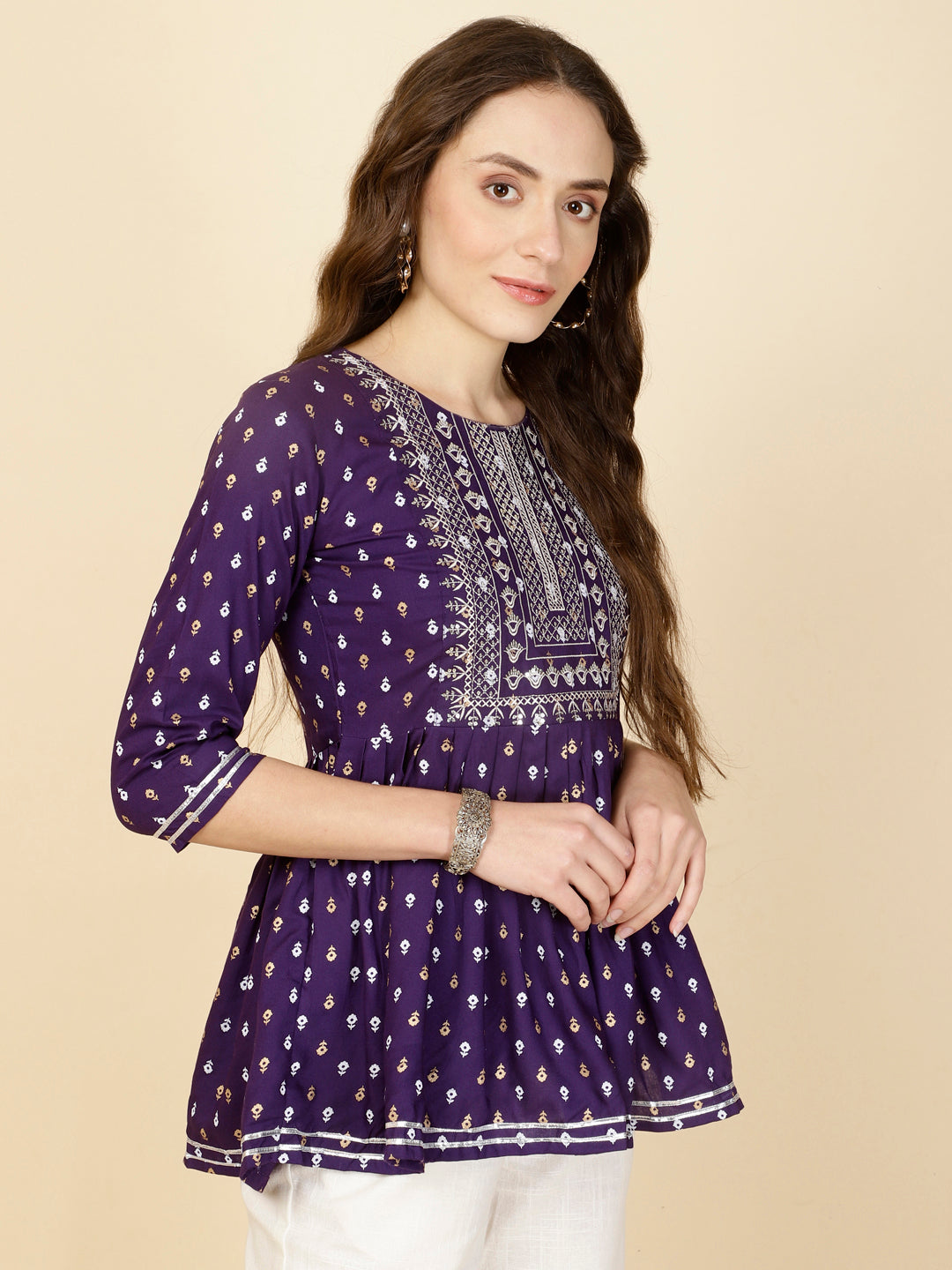 Embroidered 3/4 Sleeves Regular Pure Rayon Top