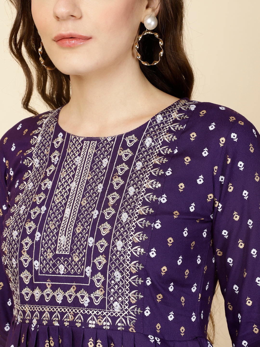 Embroidered 3/4 Sleeves Regular Pure Rayon Top