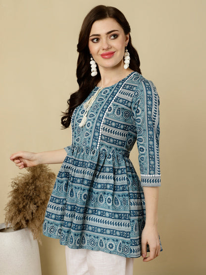 Printed 3/4 Sleeves Regular Pure Cotton (Blue) Top