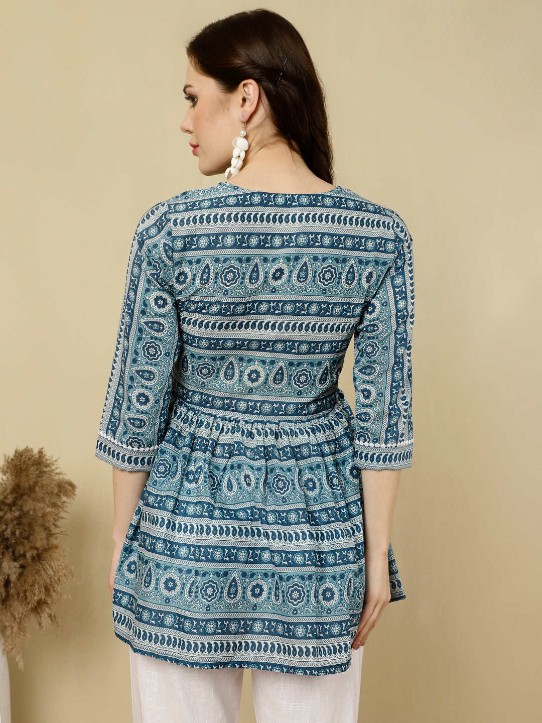 Printed 3/4 Sleeves Regular Pure Cotton (Blue) Top