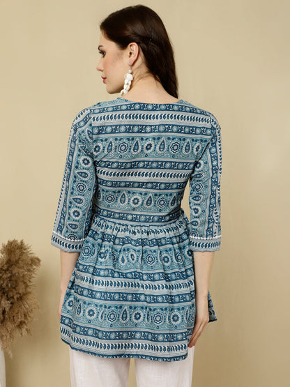 Printed 3/4 Sleeves Regular Pure Cotton (Blue) Top