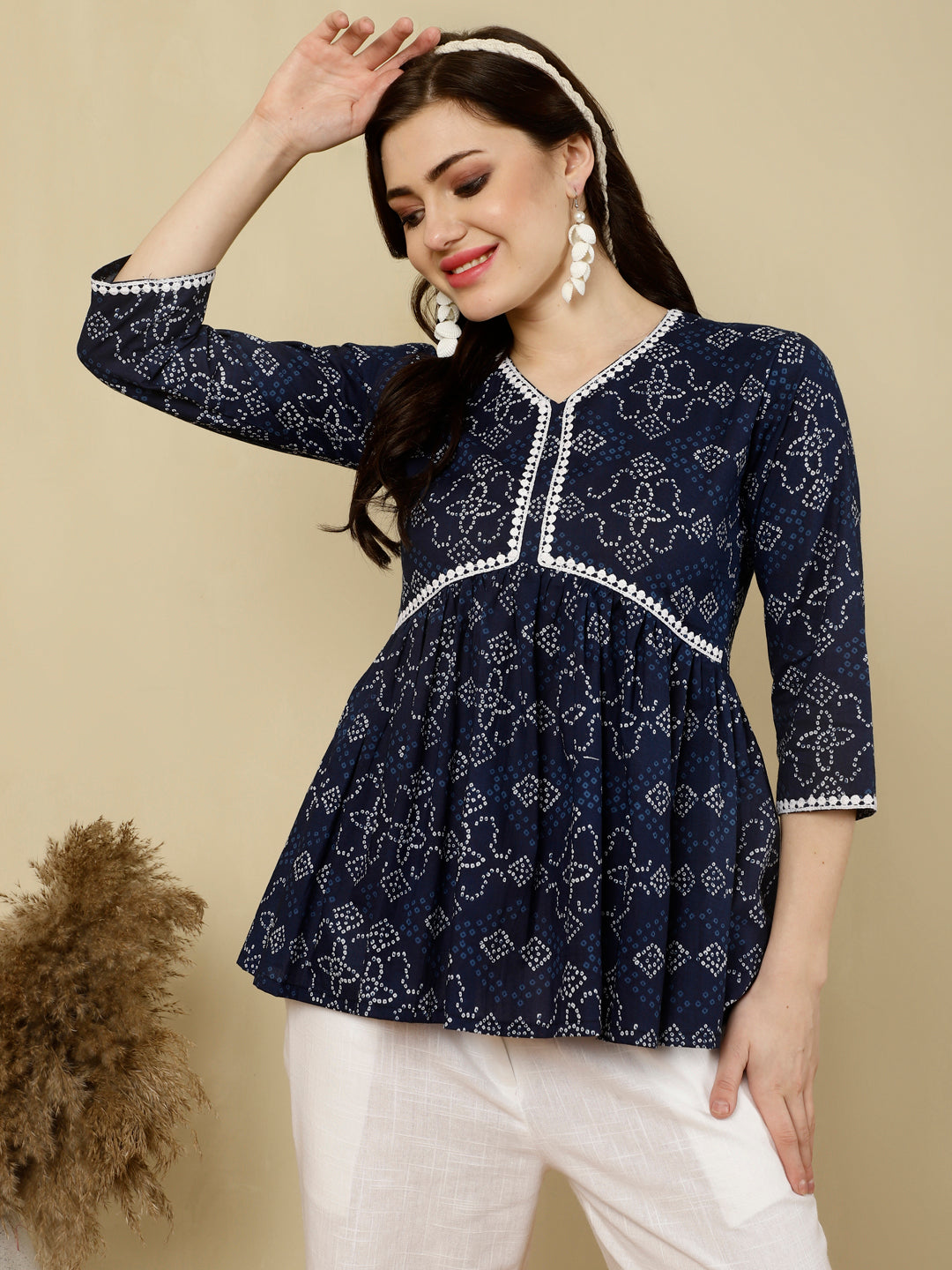 Printed 3/4 Sleeves Regular Pure Cotton (Blue) Top