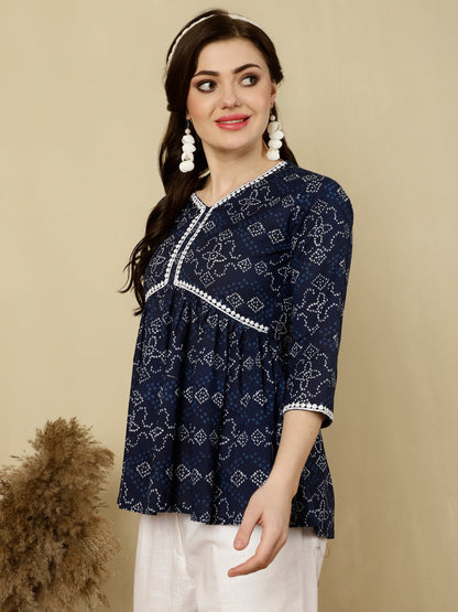 Printed 3/4 Sleeves Regular Pure Cotton (Blue) Top