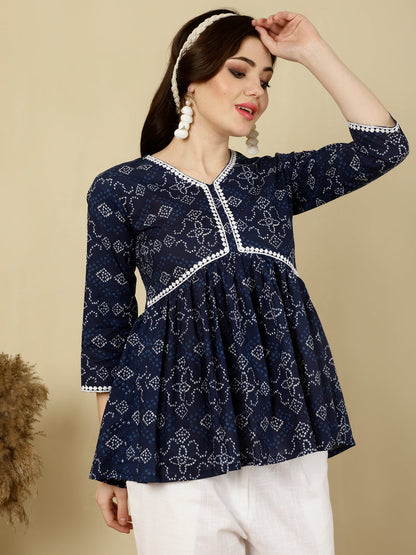 Printed 3/4 Sleeves Regular Pure Cotton (Blue) Top