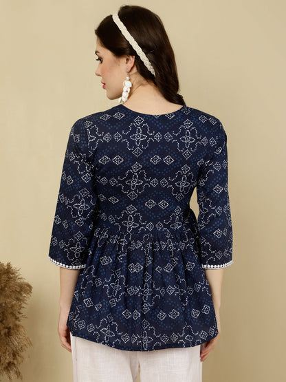 Printed 3/4 Sleeves Regular Pure Cotton (Blue) Top