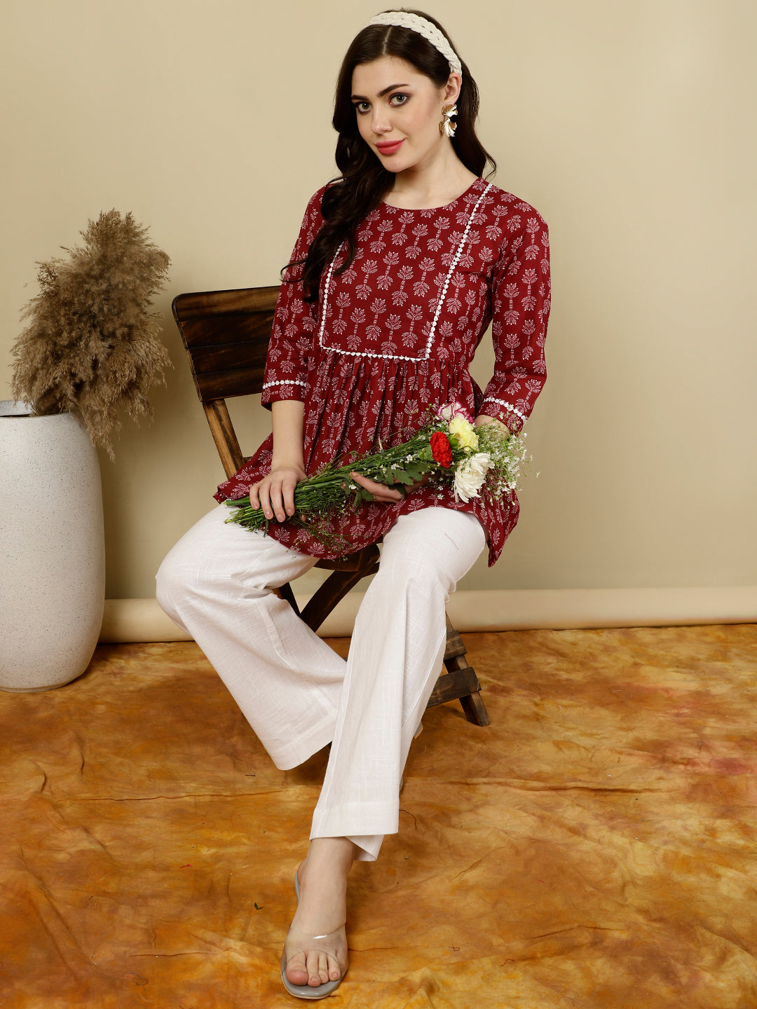 Printed 3/4 Sleeves Regular Pure Cotton (Red) Top