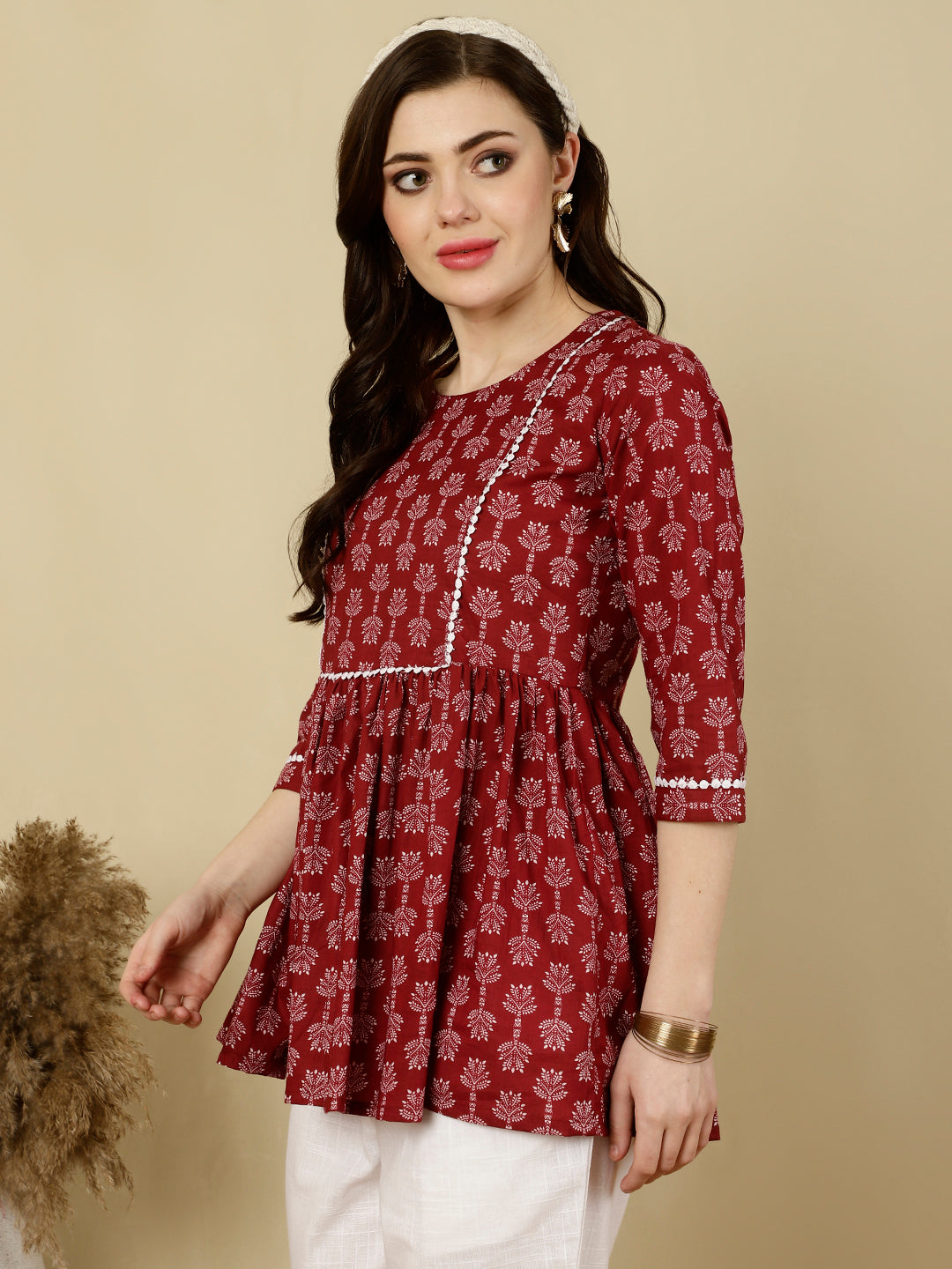 Printed 3/4 Sleeves Regular Pure Cotton (Red) Top