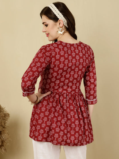 Printed 3/4 Sleeves Regular Pure Cotton (Red) Top