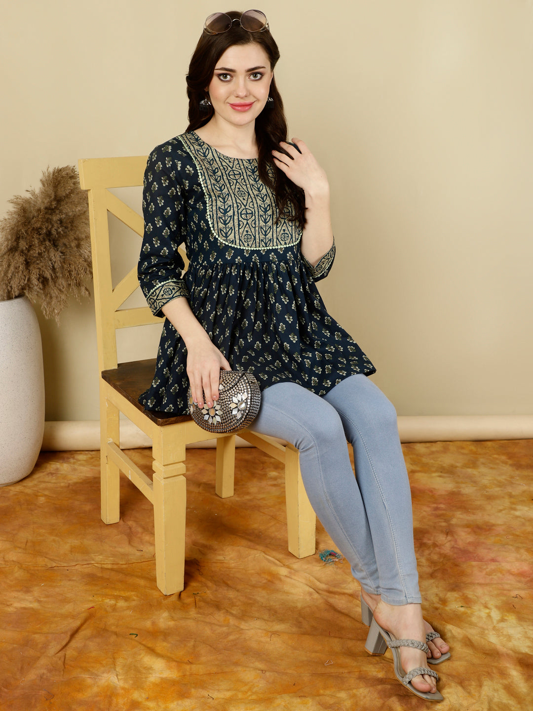 Printed 3/4 Sleeves Regular Pure Cotton Top