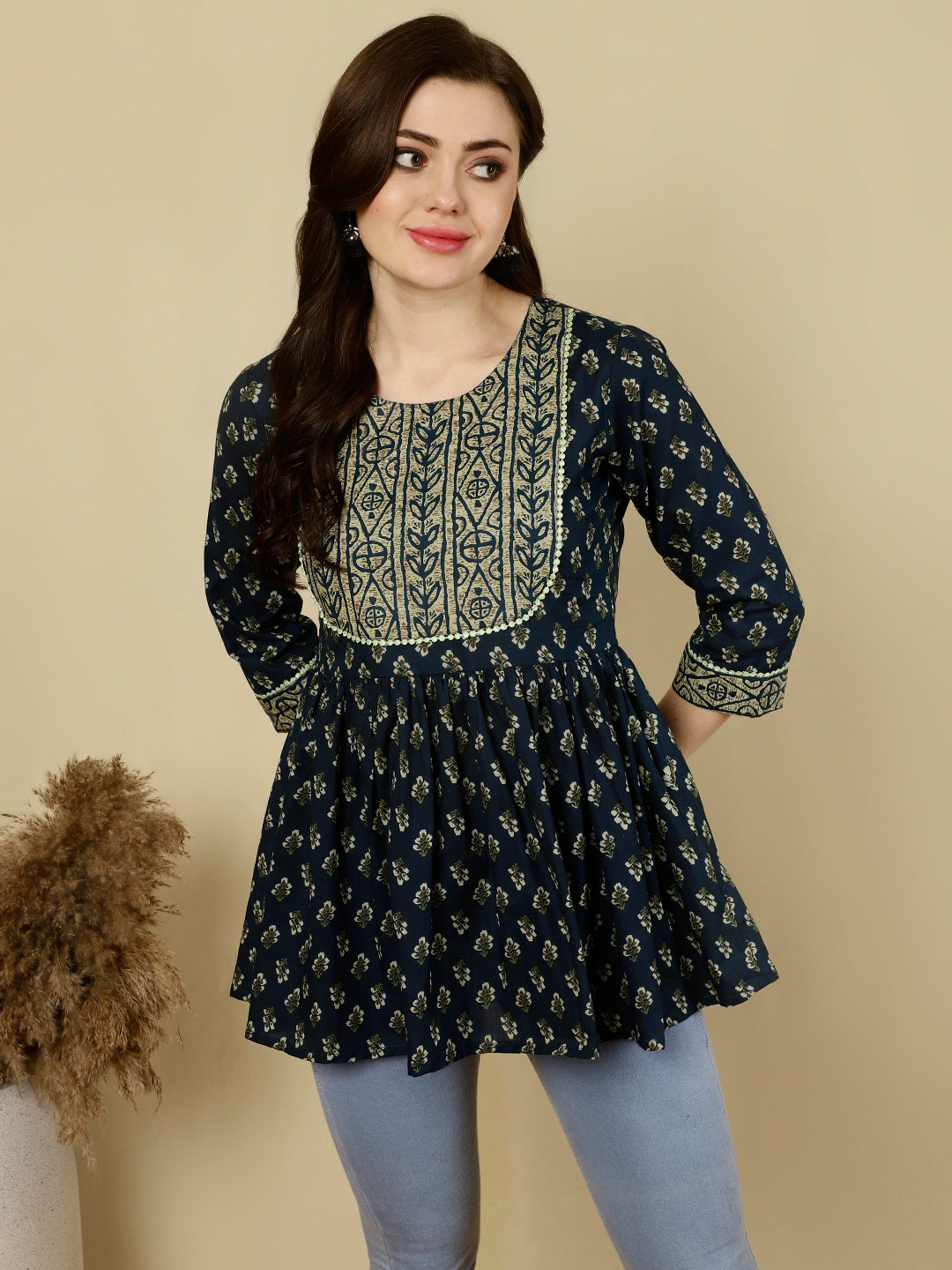 Printed 3/4 Sleeves Regular Pure Cotton Top