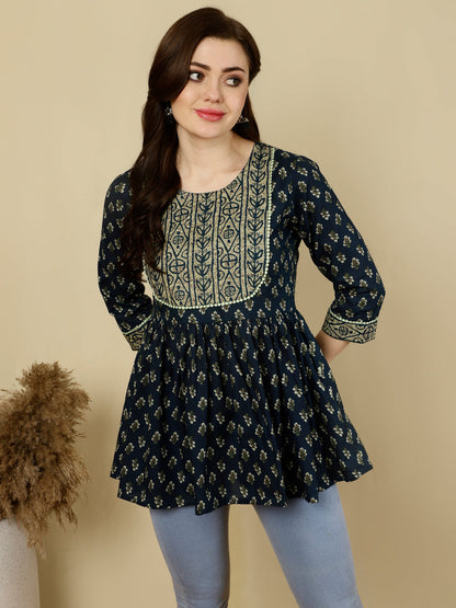 Printed 3/4 Sleeves Regular Pure Cotton Top