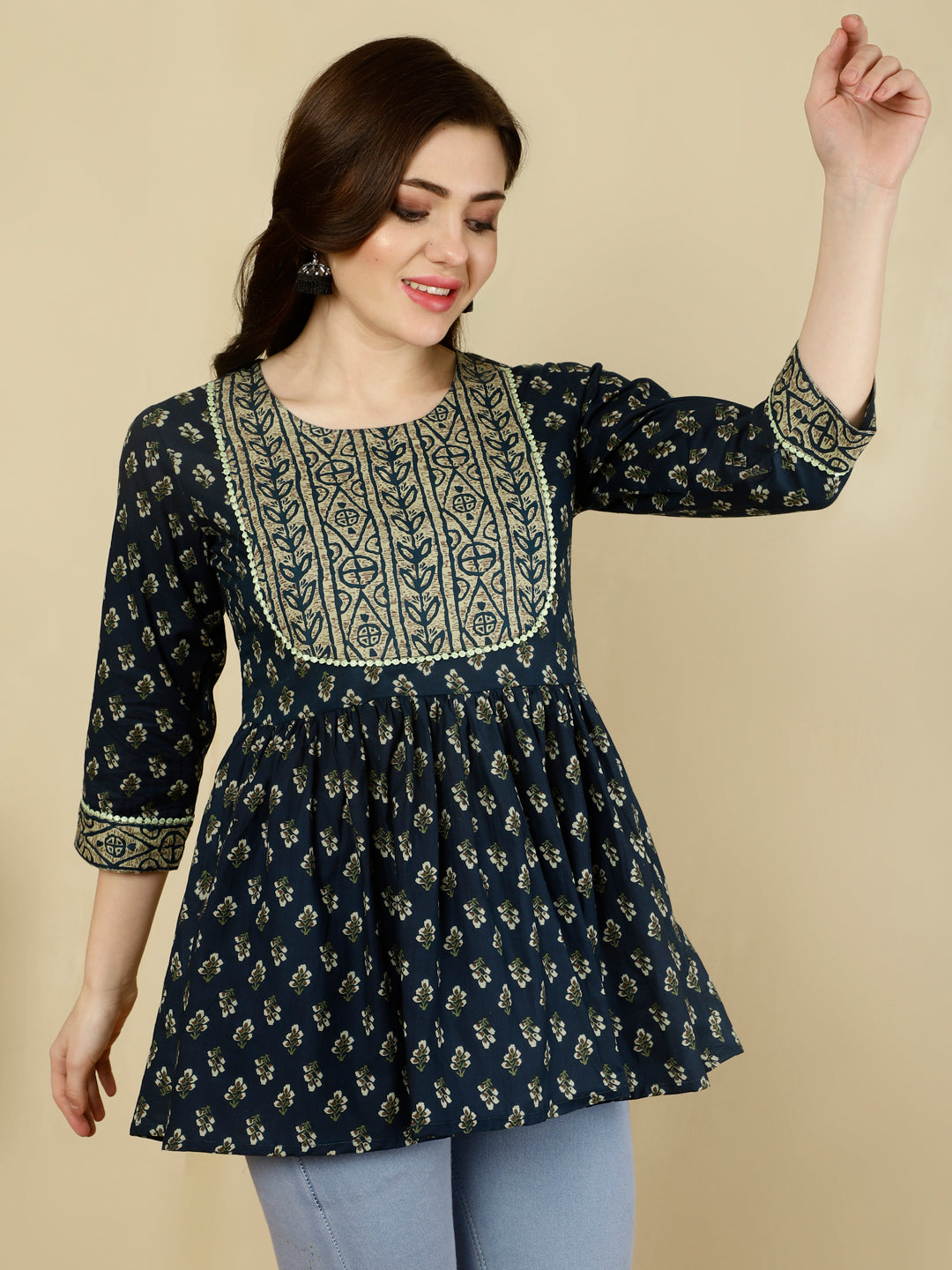 Printed 3/4 Sleeves Regular Pure Cotton Top