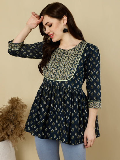 Printed 3/4 Sleeves Regular Pure Cotton Top