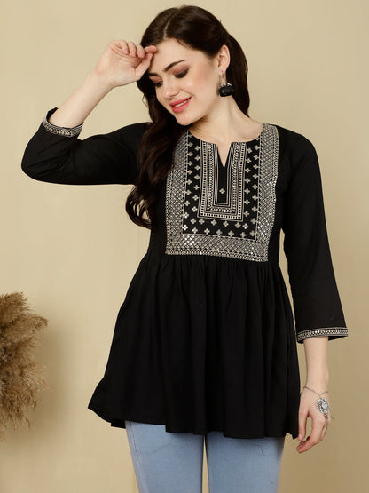 Embroidered 3/4 Sleeves Regular Pure Reyon (Black) Top