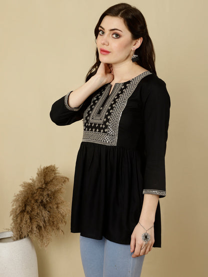 Embroidered 3/4 Sleeves Regular Pure Reyon (Black) Top