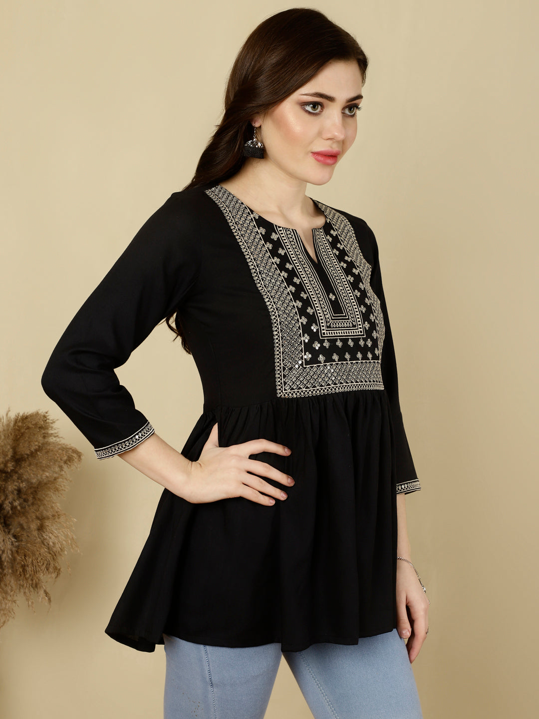 Embroidered 3/4 Sleeves Regular Pure Reyon (Black) Top