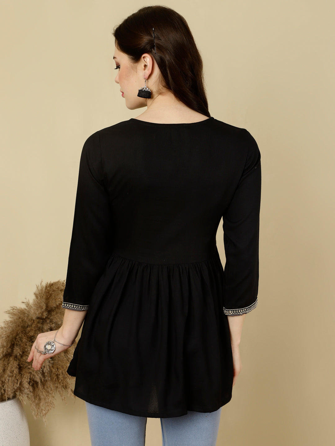 Embroidered 3/4 Sleeves Regular Pure Reyon (Black) Top