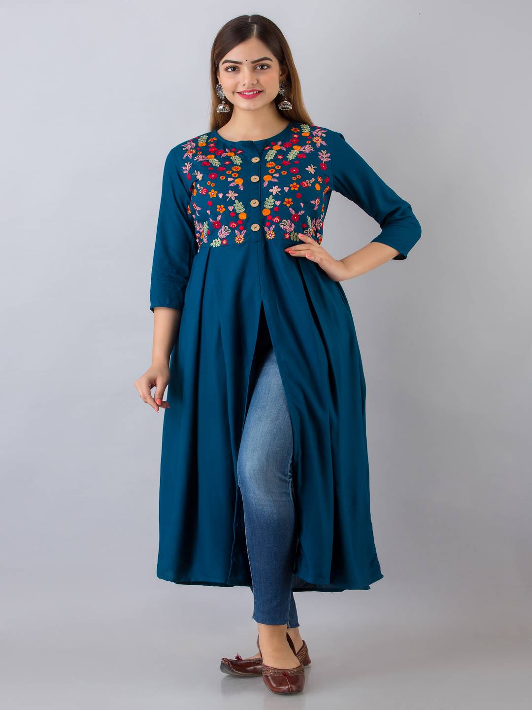 Rayon Embroidered Front slit  3/4 Sleeves Calf Kurta