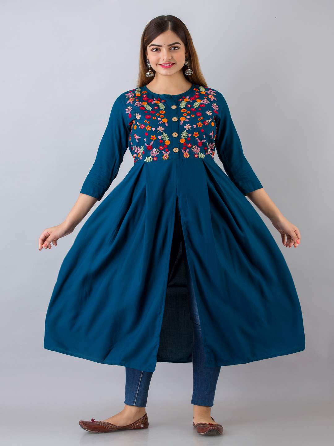Rayon Embroidered Front slit  3/4 Sleeves Calf Kurta