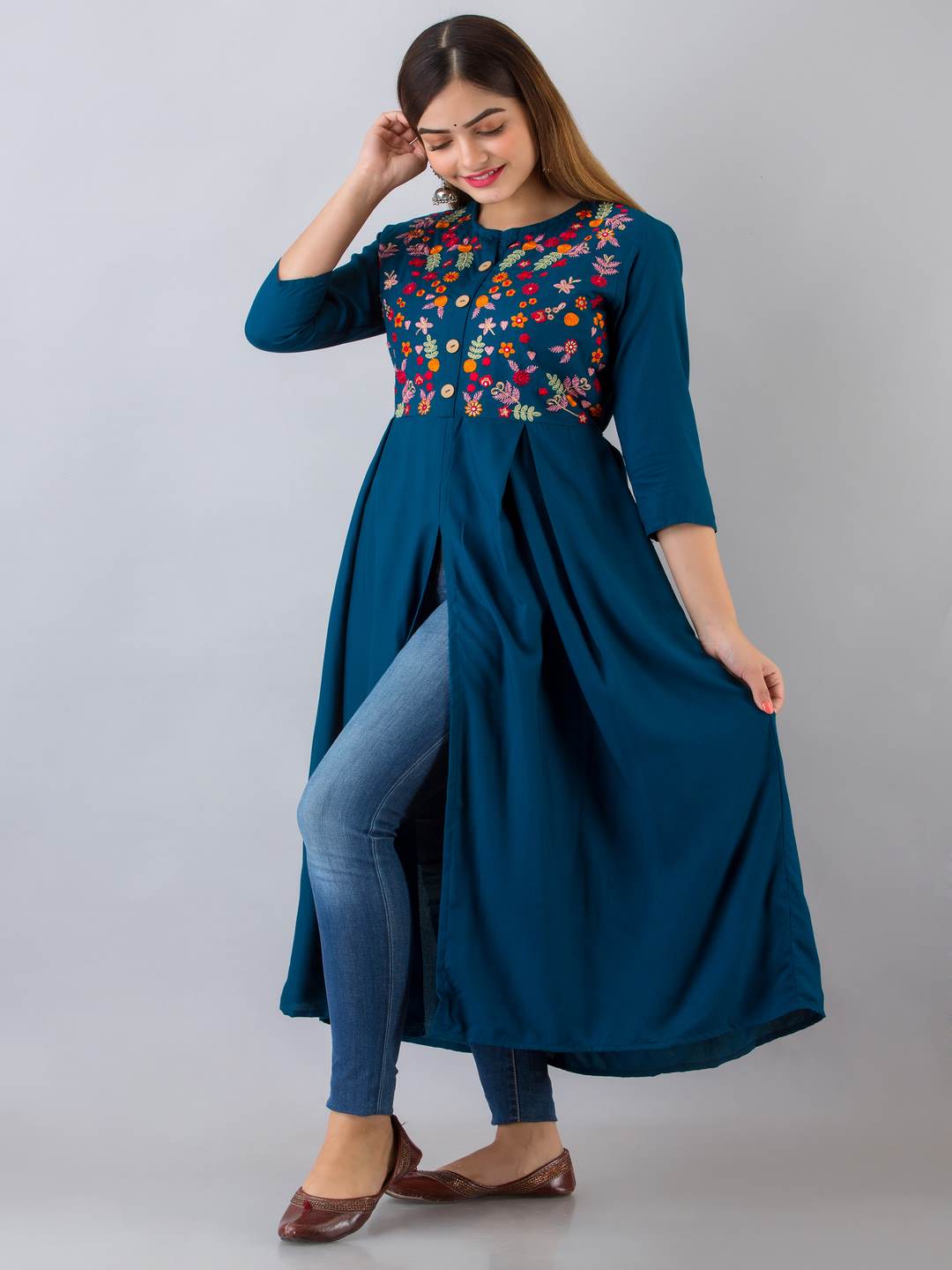 Rayon Embroidered Front slit  3/4 Sleeves Calf Kurta