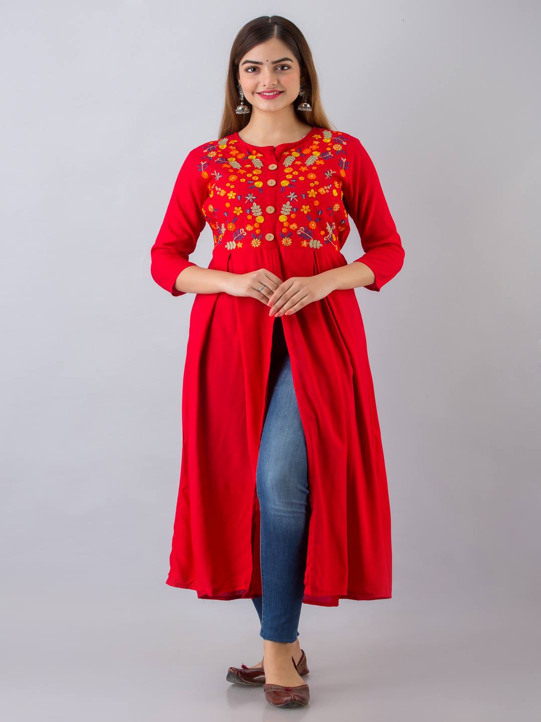 Rayon Embroidered Front slit  3/4 Sleeves Calf Kurta
