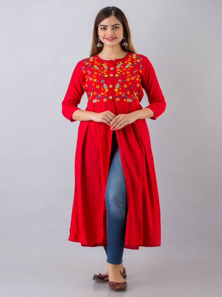 Rayon Embroidered Front slit  3/4 Sleeves Calf Kurta