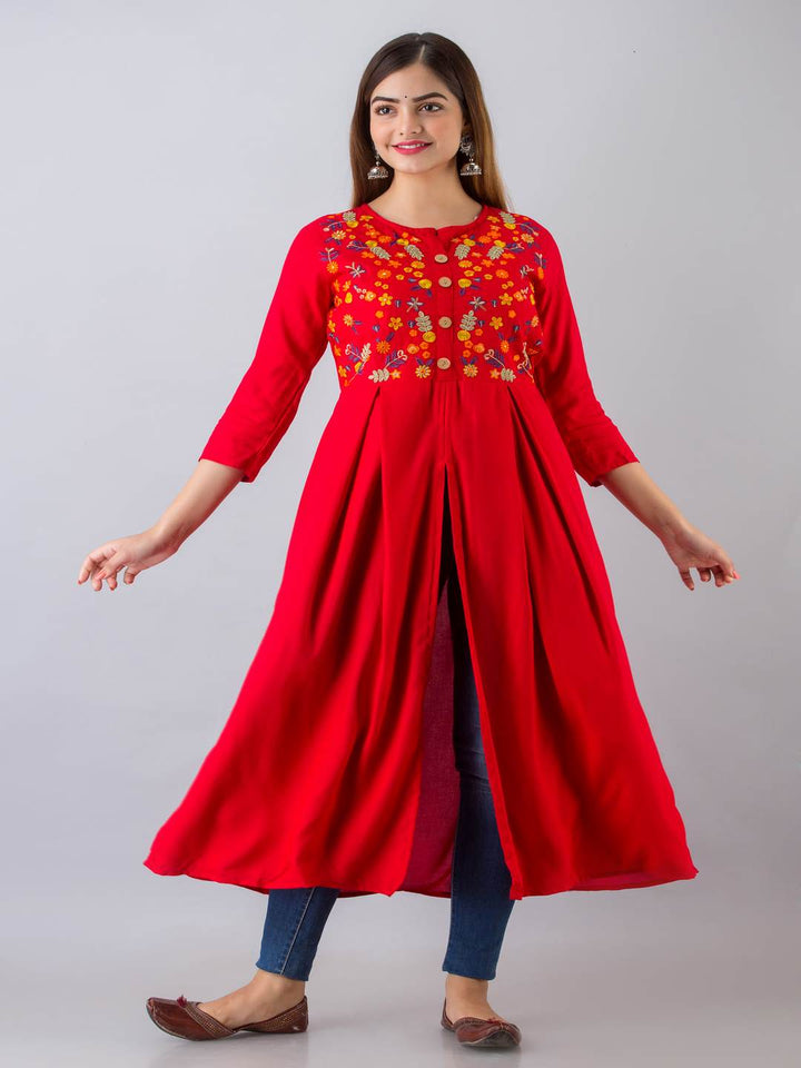 Rayon Embroidered Front slit  3/4 Sleeves Calf Kurta