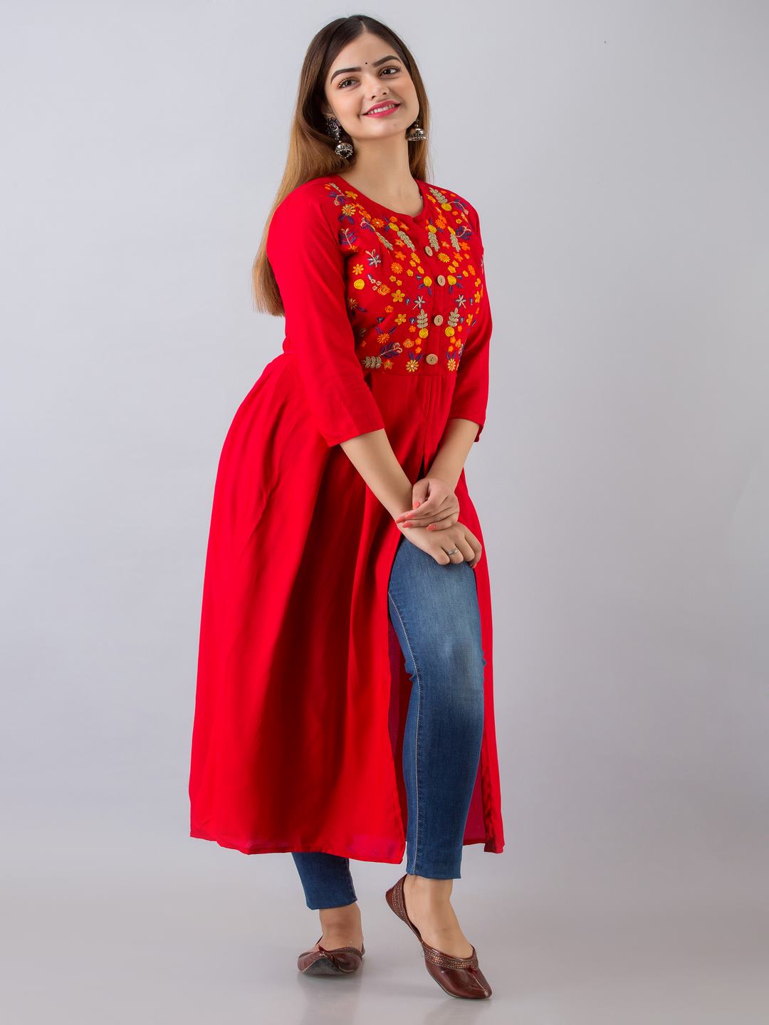 Rayon Embroidered Front slit  3/4 Sleeves Calf Kurta