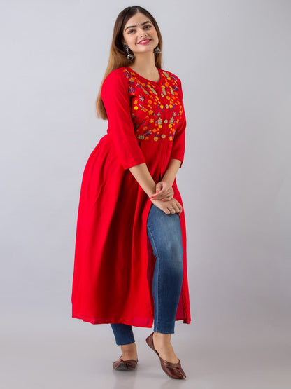 Rayon Embroidered Front slit  3/4 Sleeves Calf Kurta