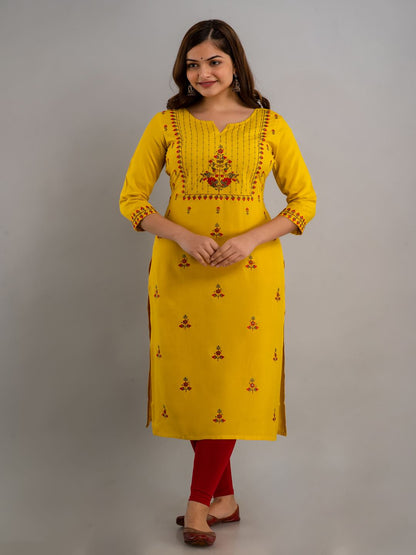 Rayon Embroidery Straight 3/4 Sleeves Round Neck Calf Kurta