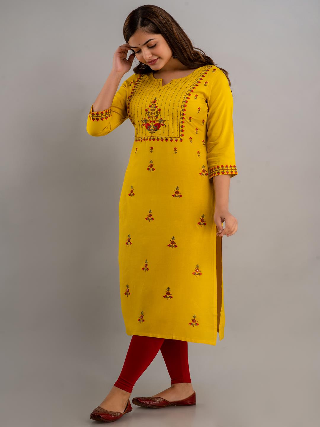Rayon Embroidery Straight 3/4 Sleeves Round Neck Calf Kurta