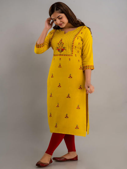 Rayon Embroidery Straight 3/4 Sleeves Round Neck Calf Kurta
