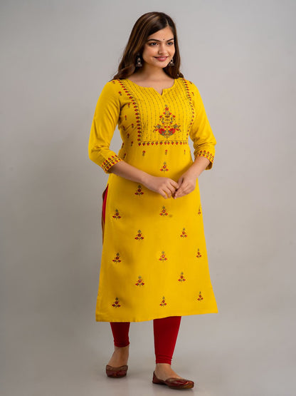 Rayon Embroidery Straight 3/4 Sleeves Round Neck Calf Kurta