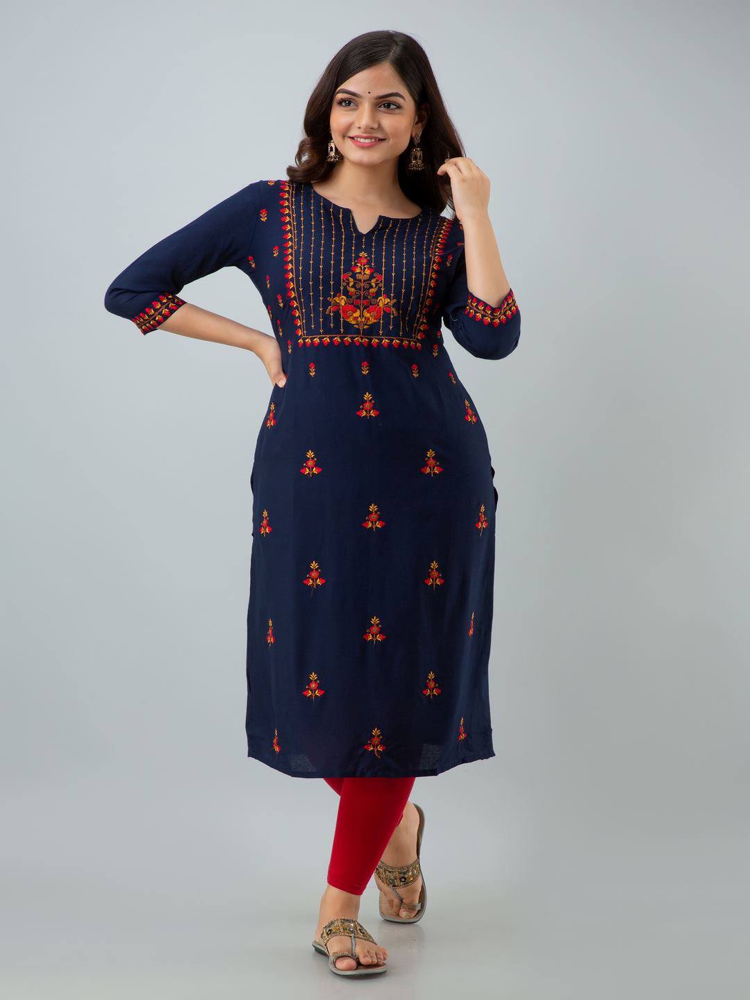 Rayon Embroidery Straight 3/4 Sleeves Round Neck Calf Kurta